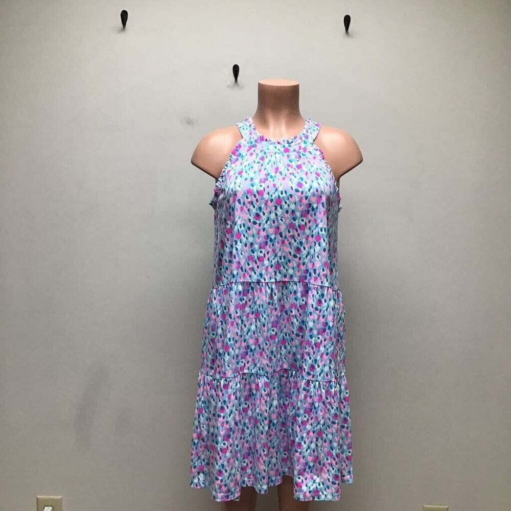 Lilly Pulitzer Womens Jerrica Dot Print Dress Blue Pink Sleeveless Ruffle Trim S